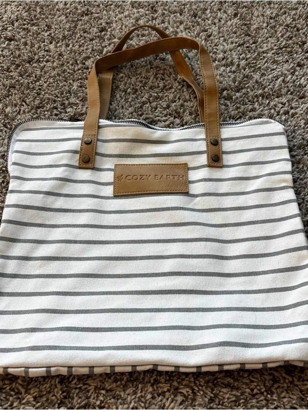 Cozy Earth Striped Canvas Tote in White and Tan